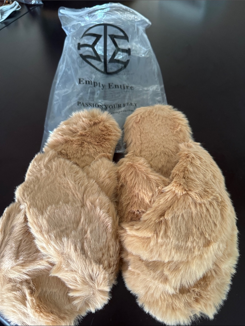 Plush Faux-Fur Slippers — Tan